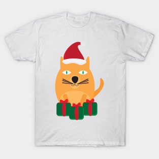 Cute Cartoon Cat with Santa Hat and Green Red Gifts T-Shirt